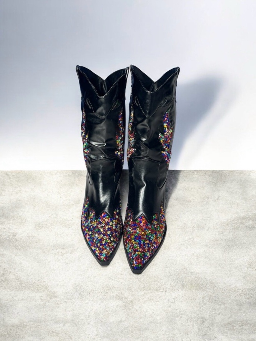 Black Sequin-Toe Western Heeled Boots